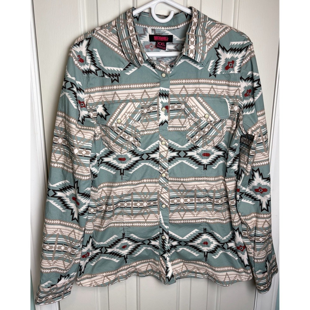 Rock & Roll Denim Aztec Print Pearl Snap Western Shirt Womens Size XXL Cowgirl